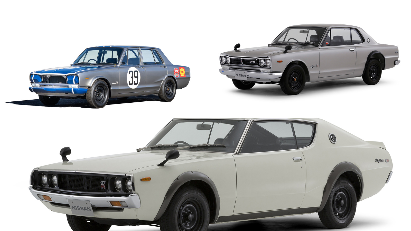 Skyline 2000GT-R PGC10 de competição, KPGC10 e KPGC110. Crédito/fonte: Nissan Heritage Collection.
