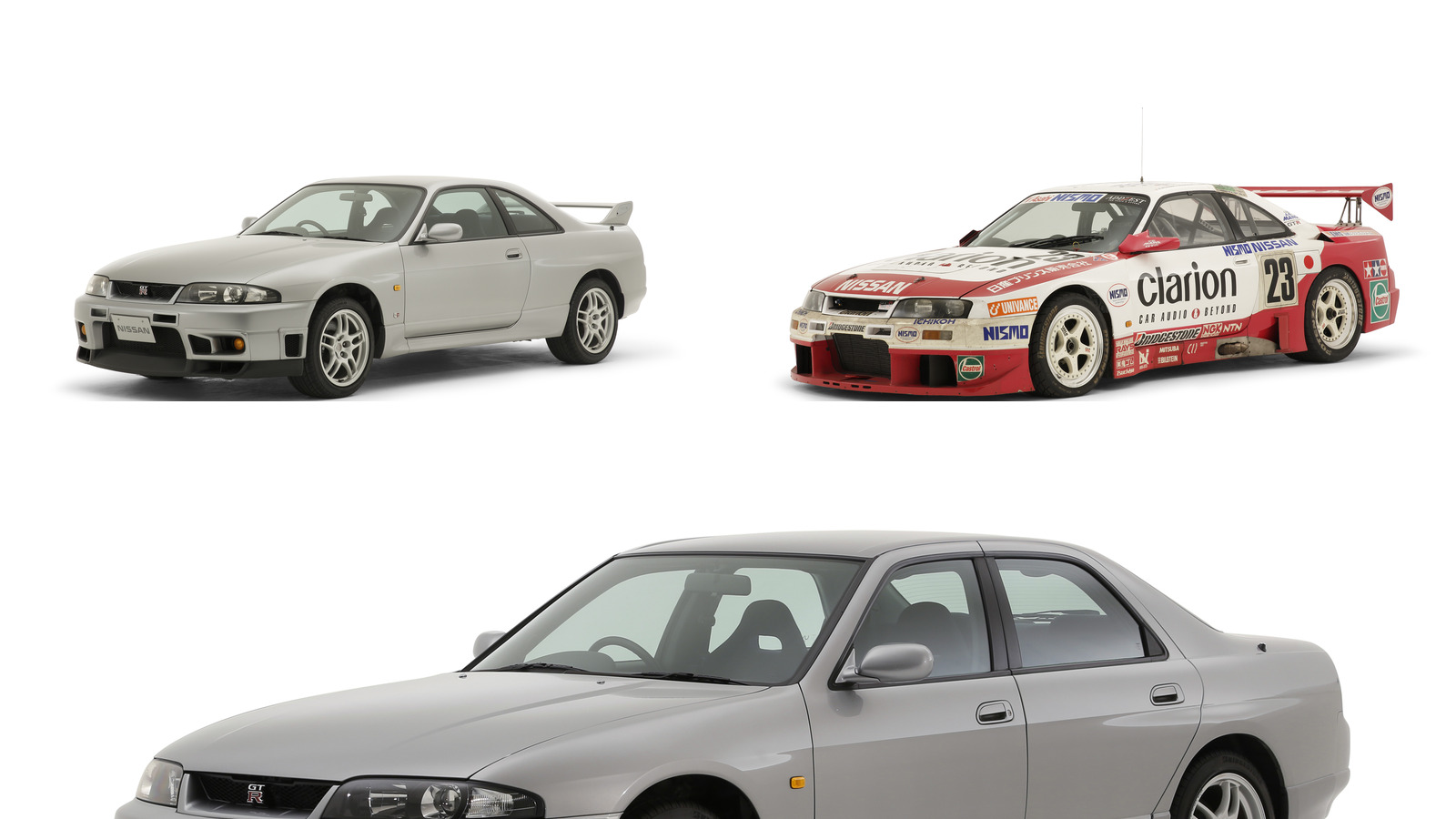 Skyline GT-R BCNR33 V-Spec, NISMO GT-R LM de 1996 e Autech Version de quatro portas. Crédito/fonte: Nissan Heritage Collection.