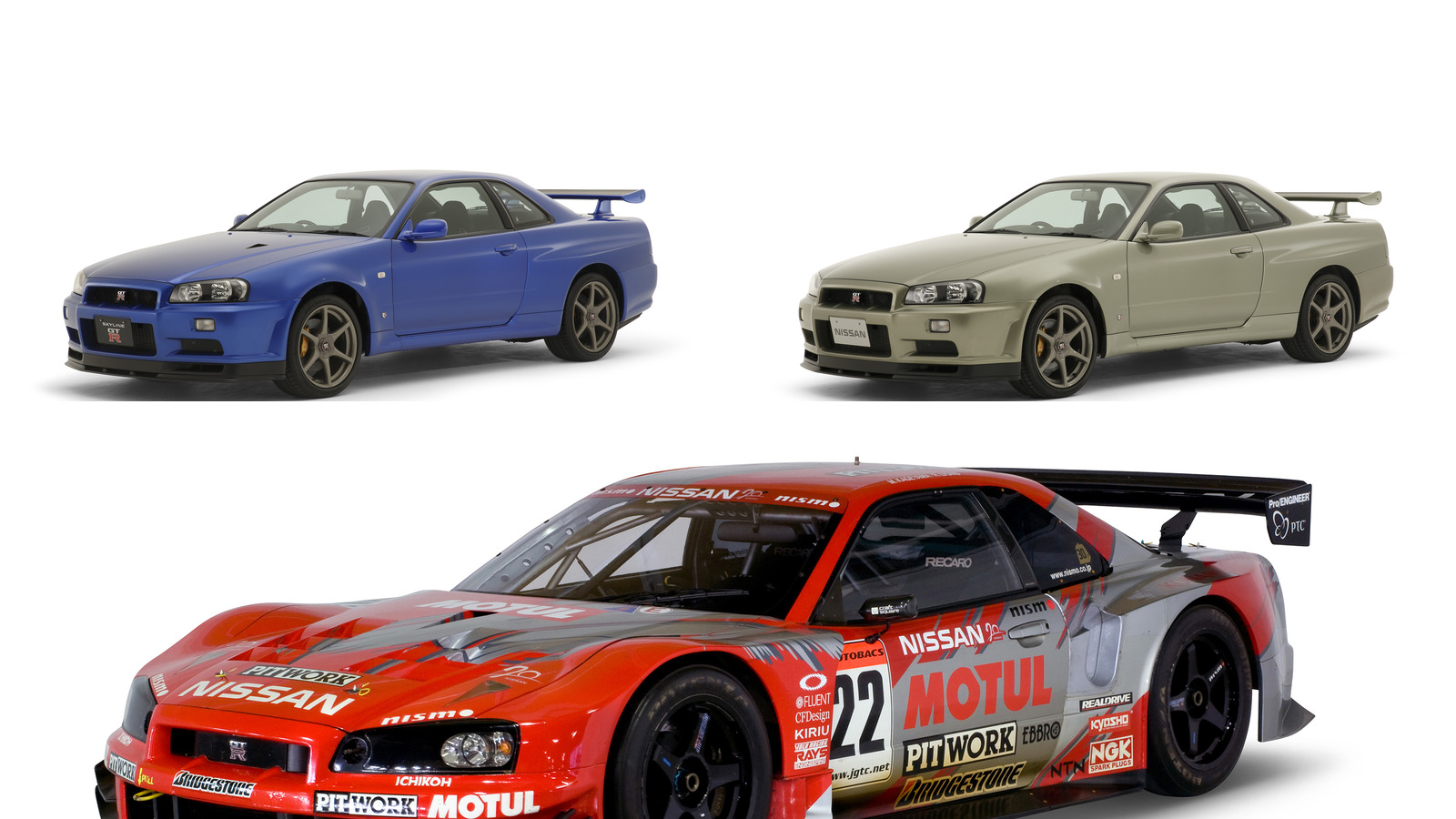 Skyline GT-R BNR34 V-Spec II, M-Spec Nür e MOTUL PITWORK GT-R JGTC. Crédito/fonte: Nissan Heritage Collection.