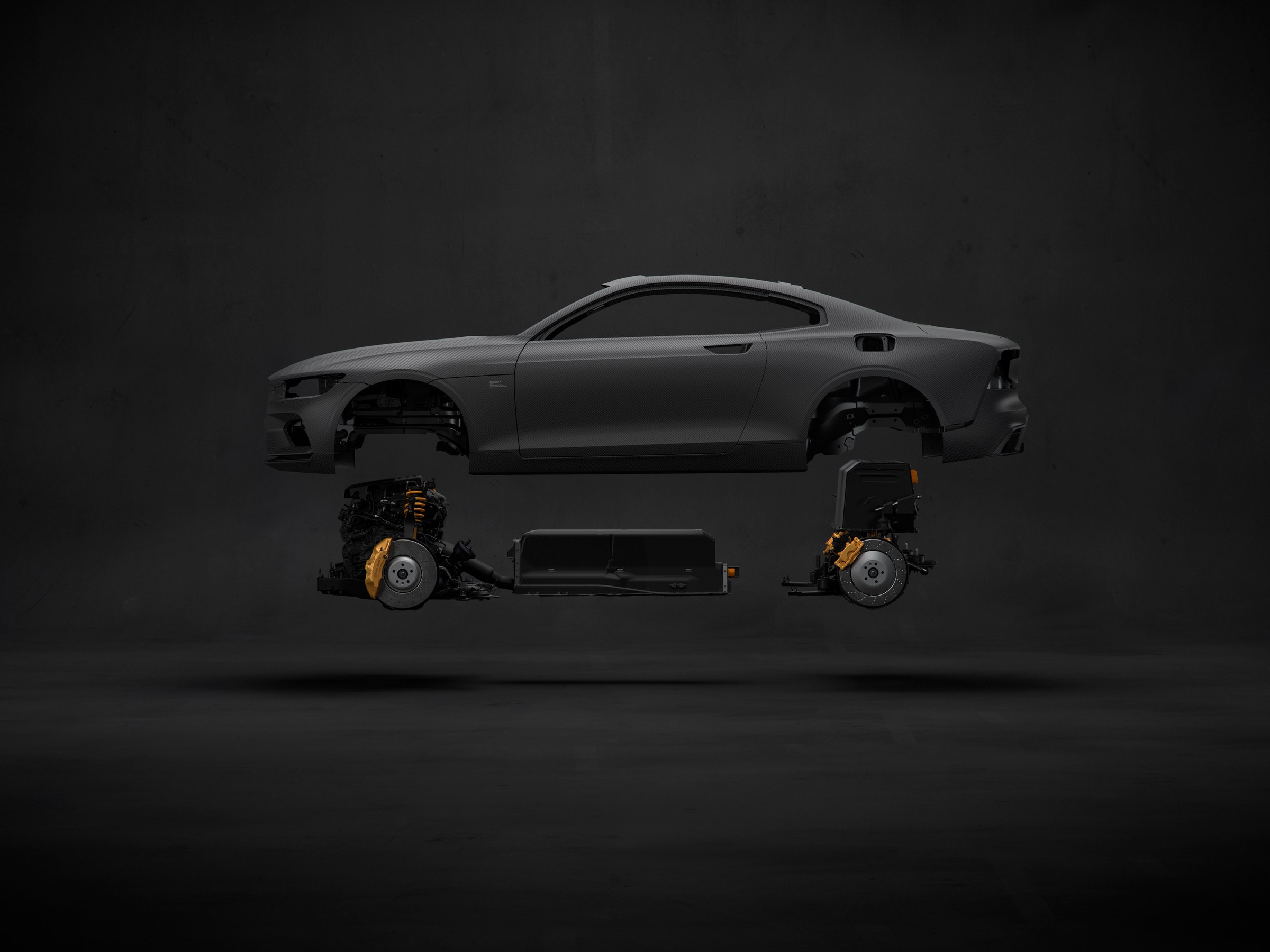 Ilustração oficial do Polestar 1 com a carroçaria separada do chassis.