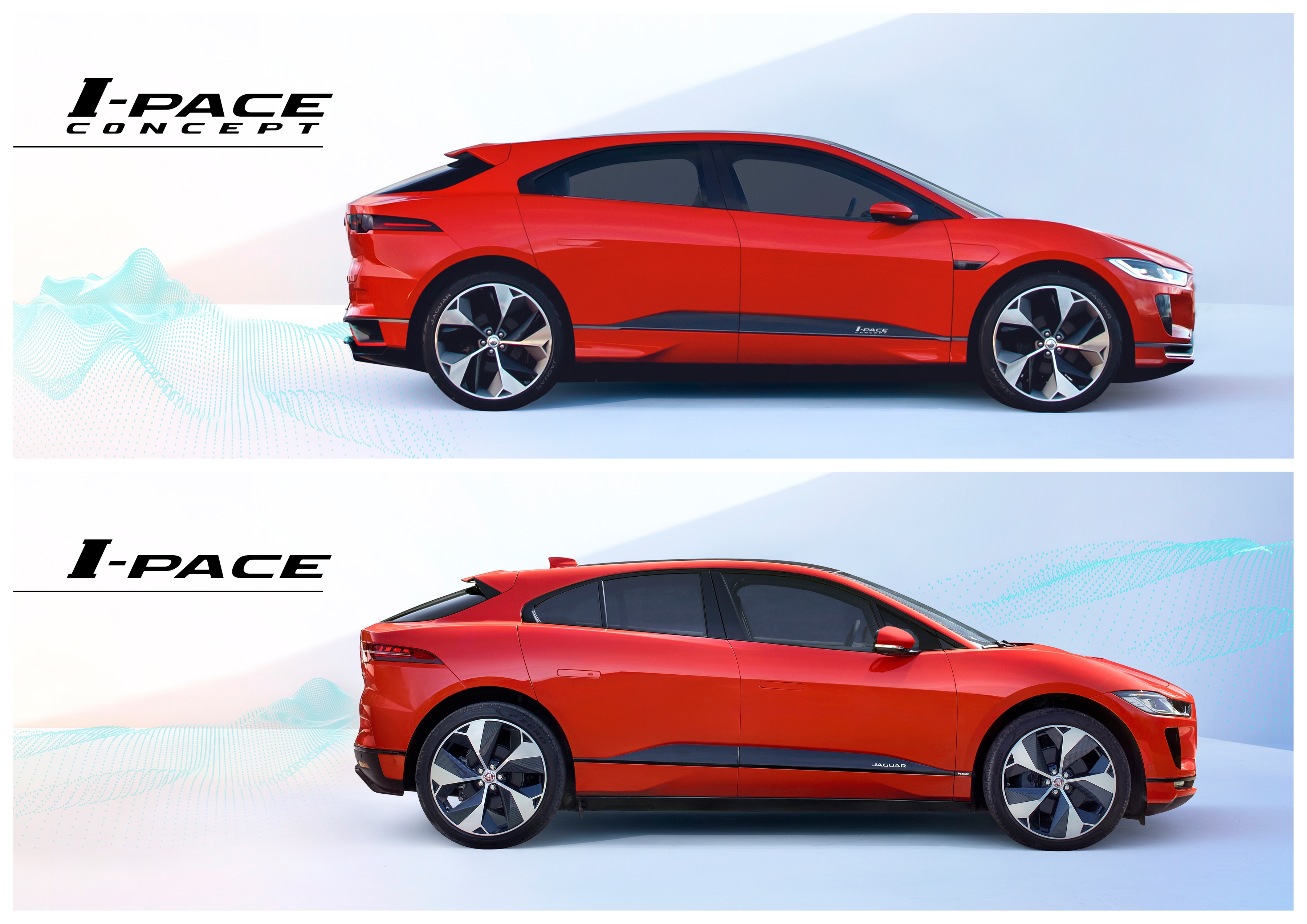 Composição oficial de 2018 que coloca I-PACE Concept e I-PACE de produção em conjunto, identificados na própria imagem.