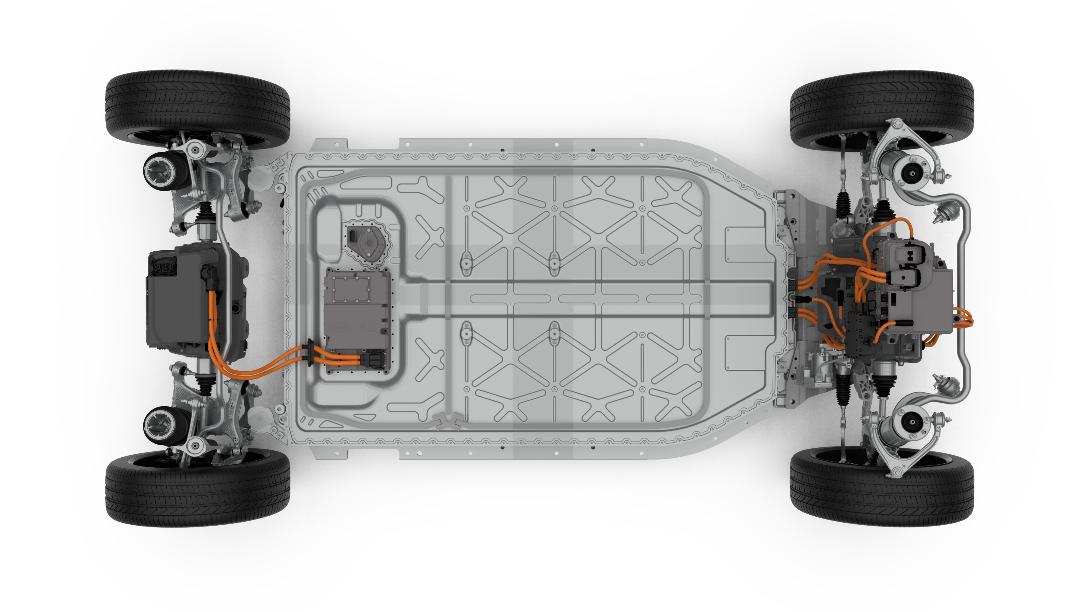 Vista técnica em planta do conjunto de chassis, bateria central e componentes dos dois eixos, na documentação oficial de 2018. A representação não mostra a distribuição interna das células.